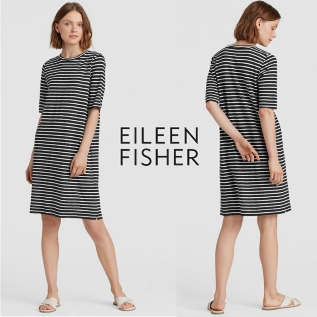 Eileen Fisher “Seaside” Black & White Striped Half Sleeve Organic Linen Dress-Xs